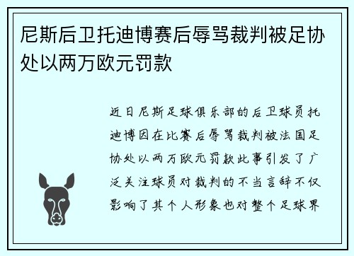 尼斯后卫托迪博赛后辱骂裁判被足协处以两万欧元罚款